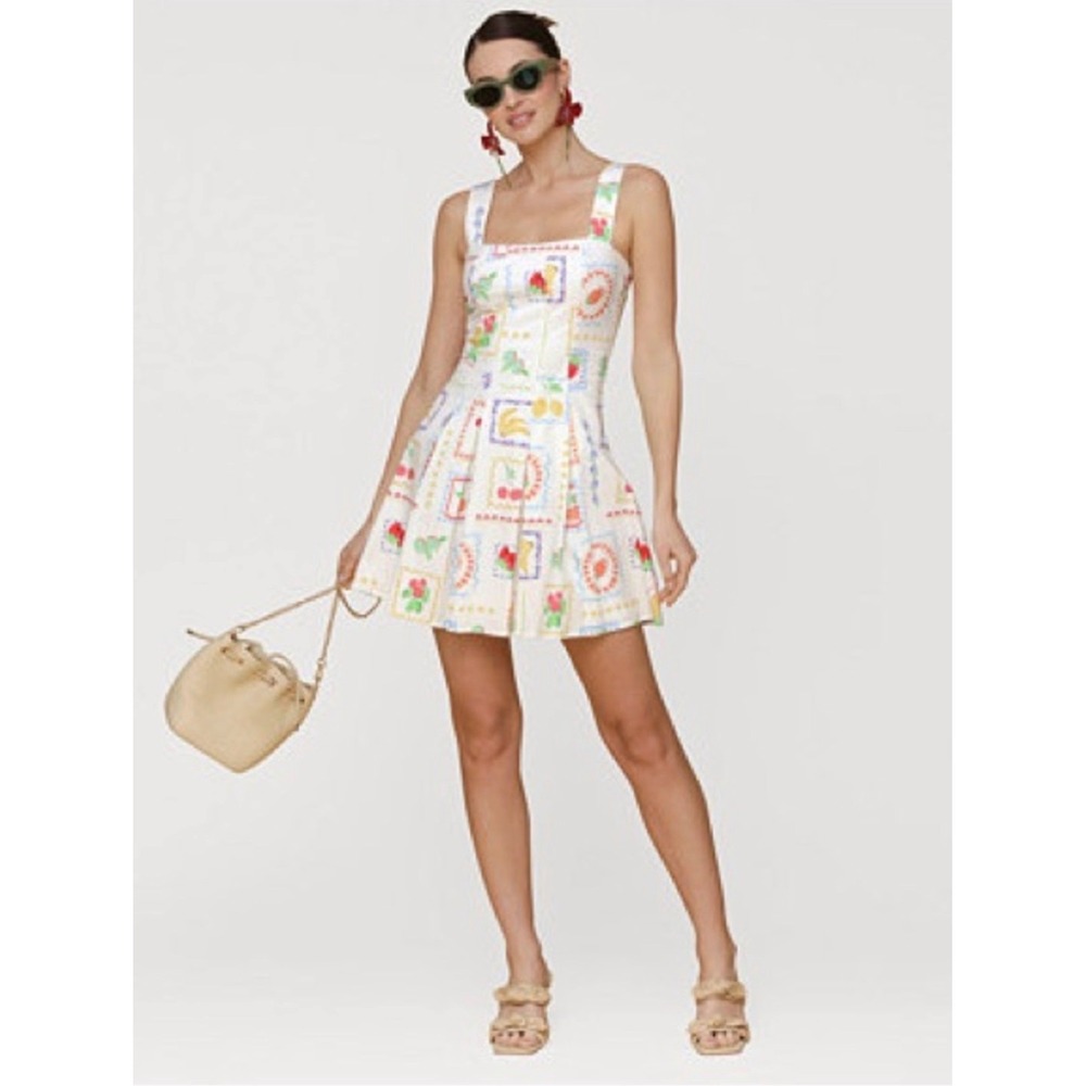 Avec Les Filles Fruit Stamp Print Mini Dress White Cotton Fit Flare Size 8